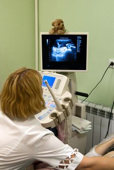 Obstetrician examining pregnant belly by ultrasonic scan.