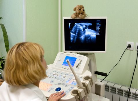 Obstetrician examining pregnant belly by ultrasonic scan.