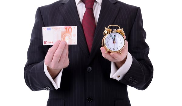 time is running out for the euro, businessman holding a 10 euro note and clock isolated on white