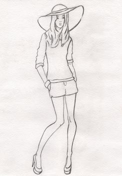 The pencil sketch of fashion model in a hat and shorts