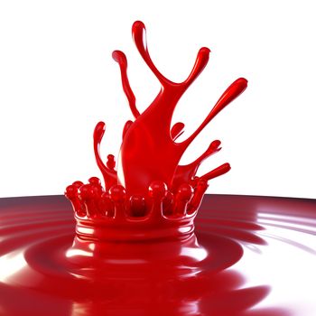 Splashes of red colorful liquid with droplets on white