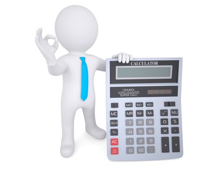 3d white man holding a calculator. Isolated render on a white background