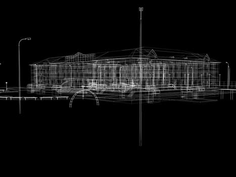 Abstract archticture. Wire-frame render on black background