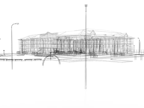 Abstract archticture. Wire-frame render on white background