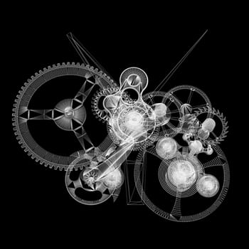 Clock mechanism. Isolated wire-frame render on a black background