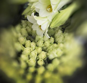 White Lilies and Roses for sale. Shallow DOF.