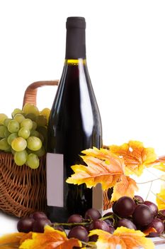 Bottle of wine with grapes in basket isolated on white