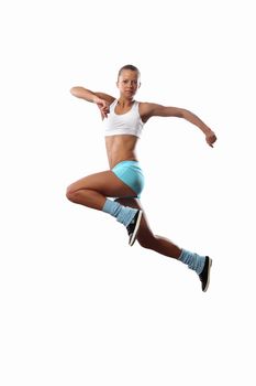 Image of sport girl in jump against white background