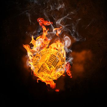Illustration of one cent coin in fire flames. Money concept