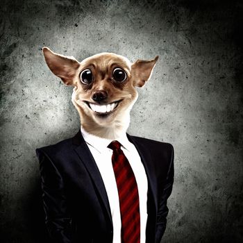 Funny portrait of a dog in a suit on an abstract background. Collage.