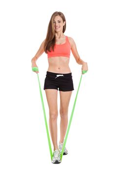 athletic young woman doing workout with physio tape latex tape isolated on white
