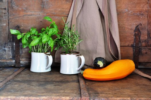 Squash and herbs in rustic, vintage kitchen.