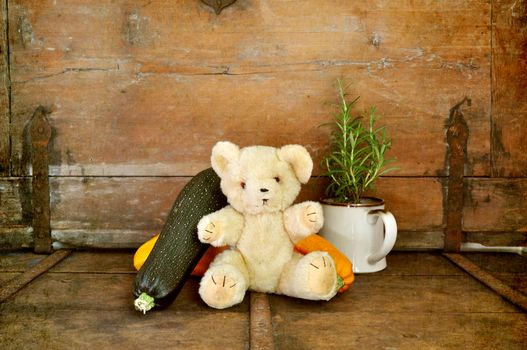 Old teddy bear enjoys vegetables,