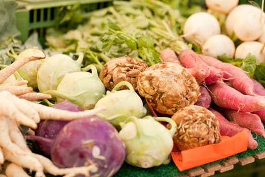 fresh root vegetable carrot potatoes onion beet on market in summer 
