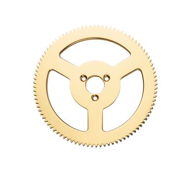 Macro view of single golden gear isolated over white background