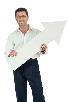 mature smiling businessman holding billboard copyspace isolated on white