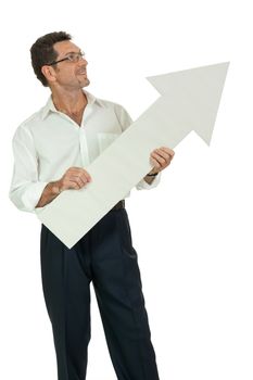 mature smiling businessman holding billboard copyspace isolated on white
