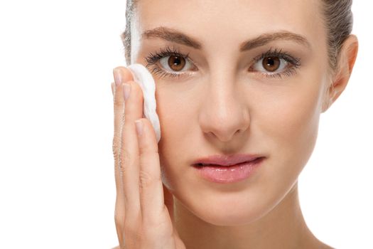 beautiful young woman portrait make up removing isolated cosmetic clean purity