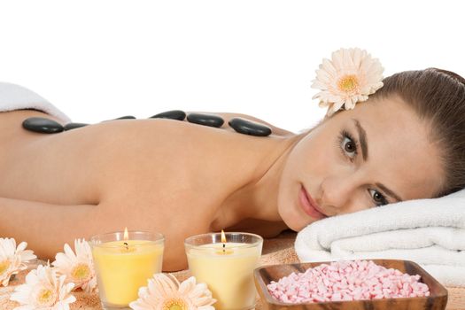 attractive helathy caucasian woman hot stone massage wellness  spa therapy