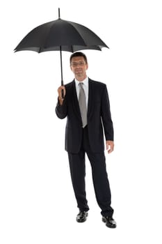 mature attractive business man with umbrella isolated on white