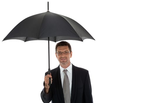 mature attractive business man with umbrella isolated on white
