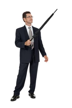 mature attractive business man with umbrella isolated on white