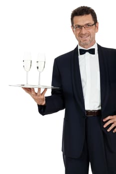 adult male waiter serving two glass of champagne isolated on white