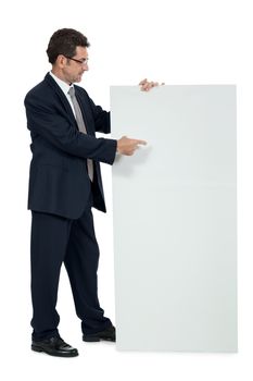mature smiling businessman holding billboard copyspace isolated on white