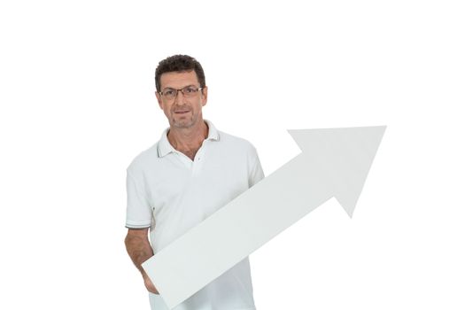 mature smiling businessman holding billboard copyspace isolated on white
