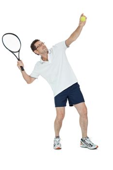 smiling adult tennis player with racket in sportswear  isolated on white