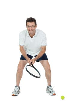 smiling adult tennis player with racket in sportswear  isolated on white