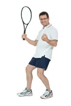 smiling adult tennis player with racket in sportswear  isolated on white