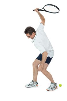 smiling adult tennis player with racket in sportswear  isolated on white