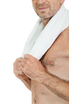 mature sporty man with towel fittness sport health isolated on white