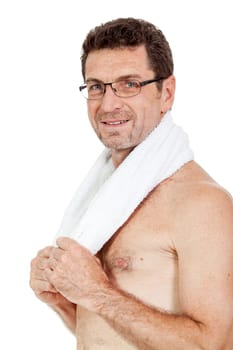 mature sporty man with towel fittness sport health isolated on white