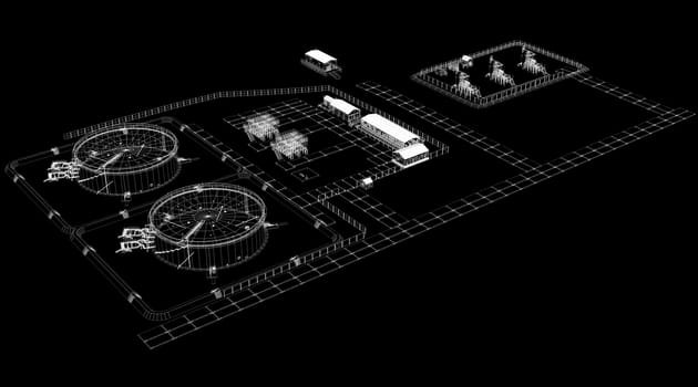 Abstract industrial archticture. Wire-frame render on black background