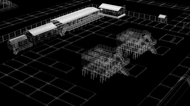 Abstract industrial archticture. Wire-frame render on black background