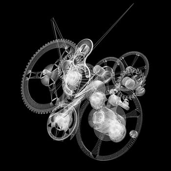 Clock mechanism. Isolated wire-frame render on a black background