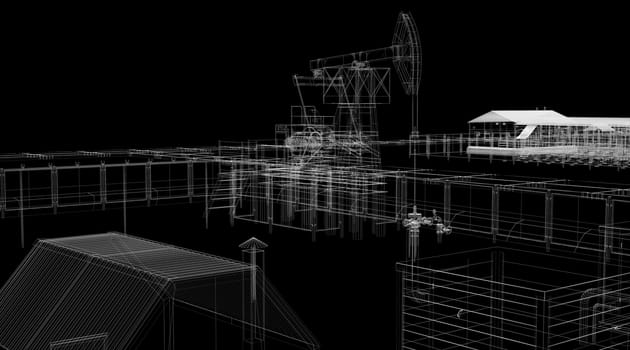 Abstract industrial archticture. Wire-frame render on black background