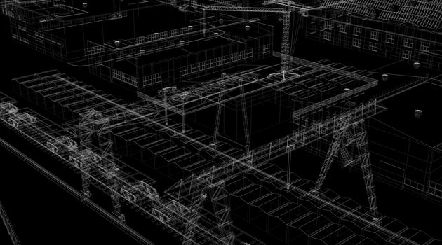 Industrial abstract architecture. Wire-frame isolated render on black background