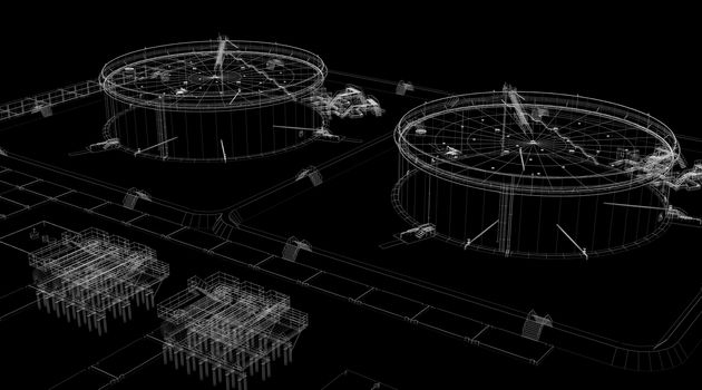 Abstract industrial archticture. Wire-frame render on black background