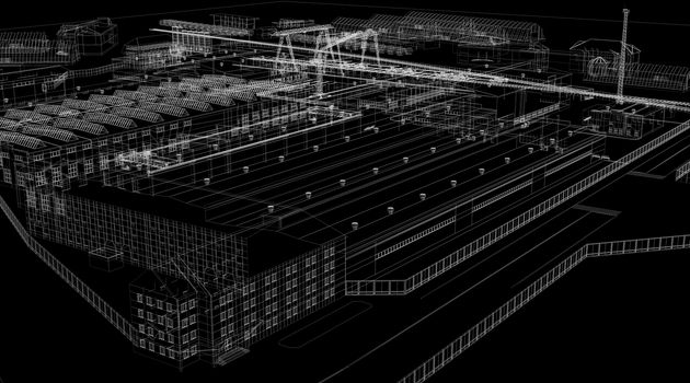 Industrial abstract architecture. Wire-frame isolated render on black background