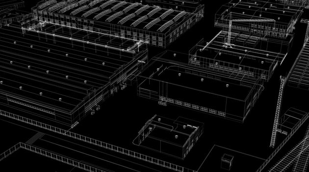 Industrial abstract architecture. Wire-frame isolated render on black background