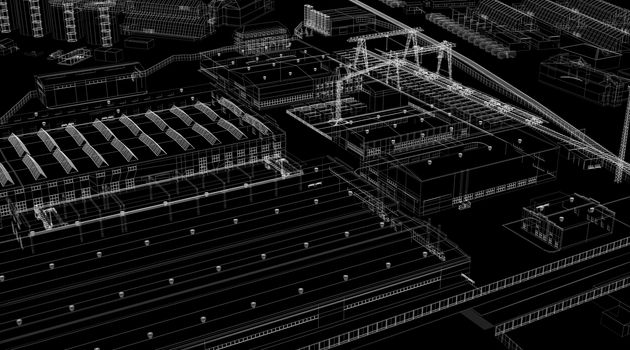 Industrial abstract architecture. Wire-frame isolated render on black background