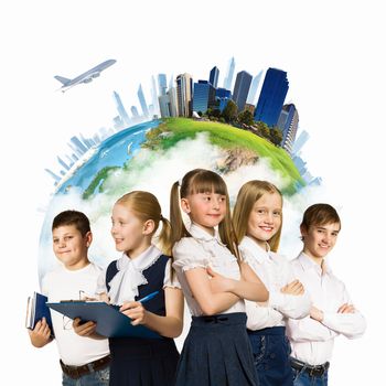 Image of kids of school age. Choosing profession. Elements of this image are furnished by NASA