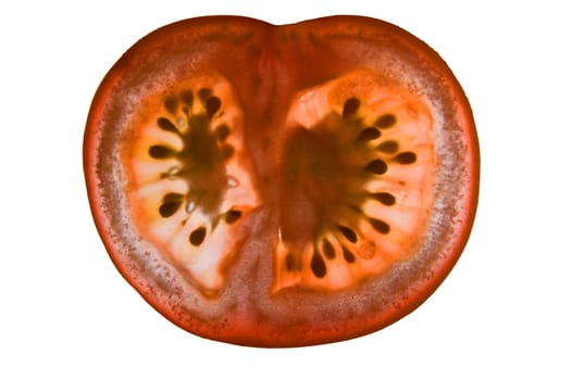 semitransparent slice of tomato on white background