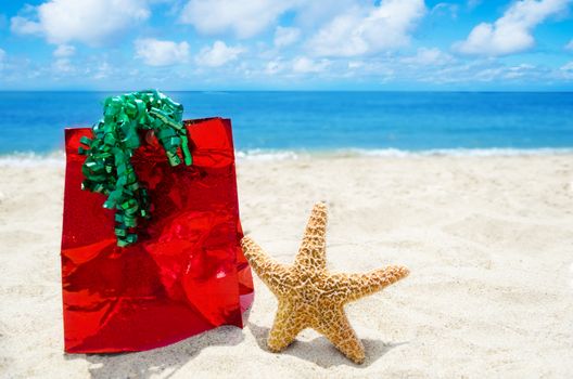 Starfish with red gift bag on sandy beach in sunny day- holiday concept