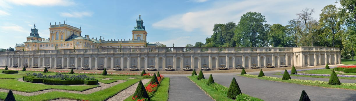 Royal palace in Wilanow. North facade with terrace panoramic wide angle view.