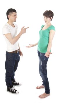 Man and woman having a argue isolated on white background
