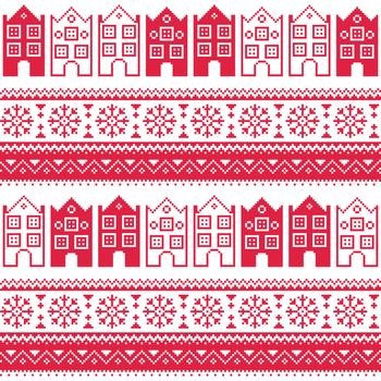 Winter red vector background - scandynavian city kntting style